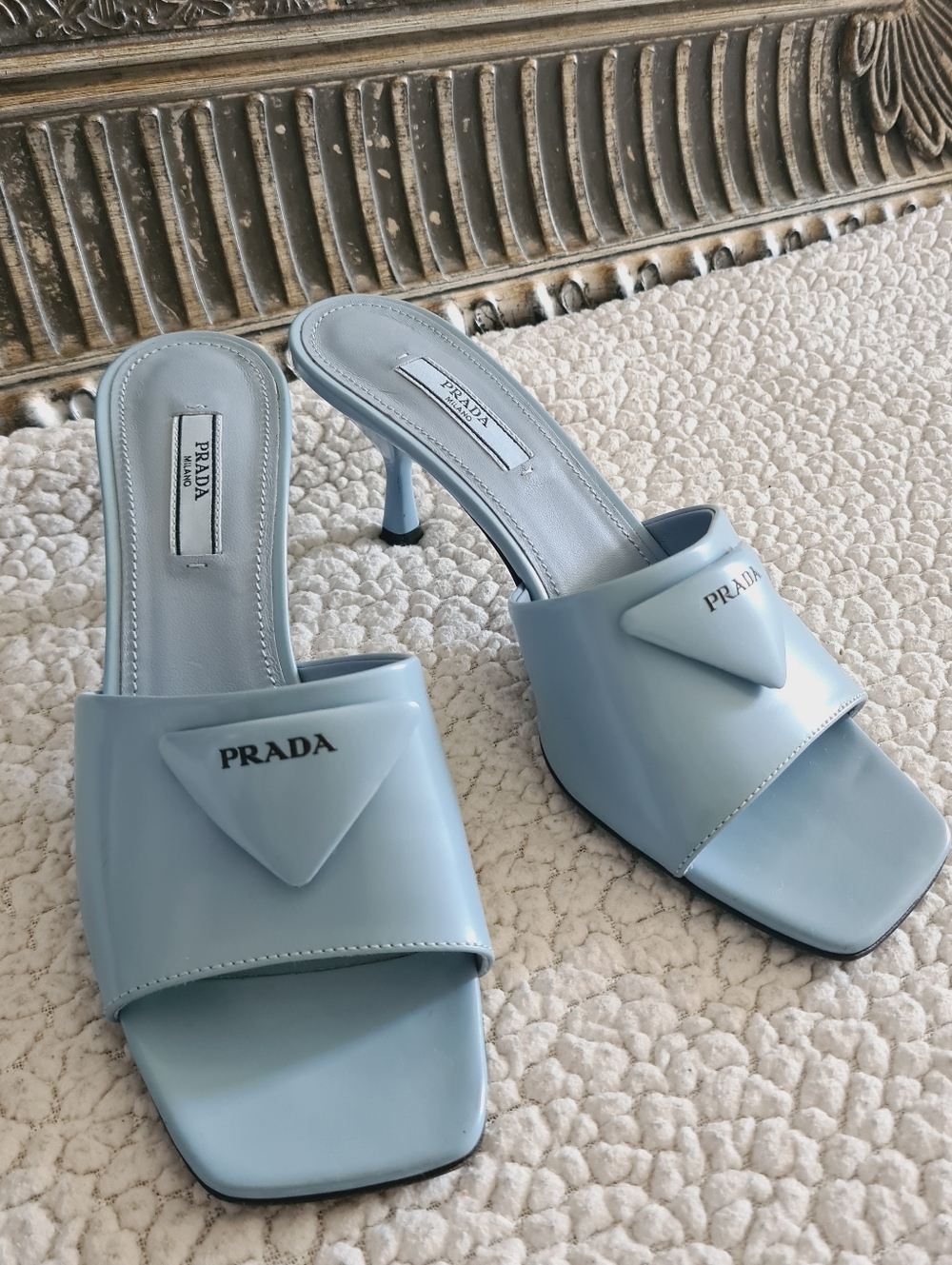 PRADA Burnished Leather Heeled Slide Sandals In Celeste EU 37.5 US 7.5 Org $1295 - Picture 7 of 16